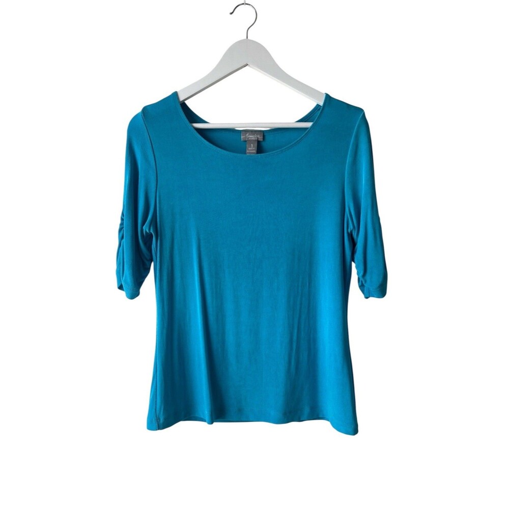 Travelers By Chicos Womens Shirt Size 1 (M) Blue Pullover Tunic Blouse Top Comfy